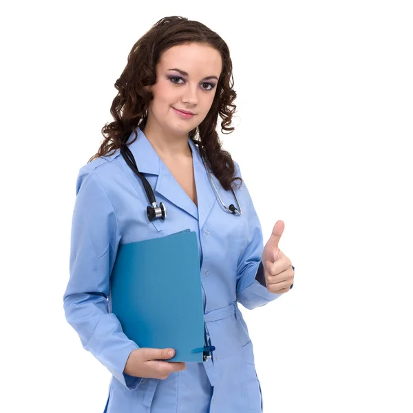 Médica com polegares para cima gesto isolado em fundo branco . — Fotografia de Stock