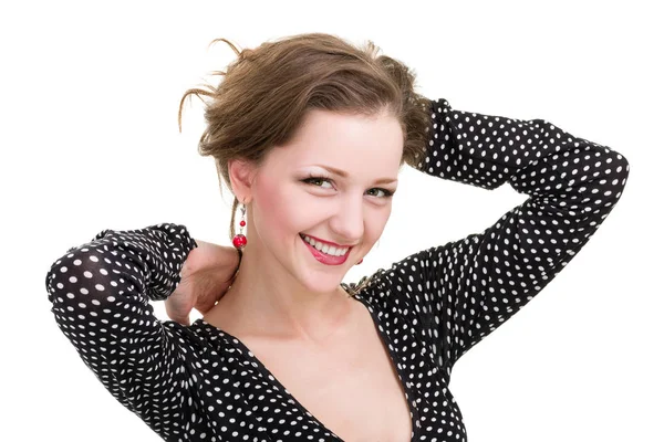 Mulher feliz sorrindo retrato isolado sobre um branco — Fotografia de Stock