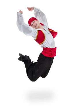 Boğa güreşçisi atlama kostüm giyen adam dans. Tam uzunlukta beyaz izole.