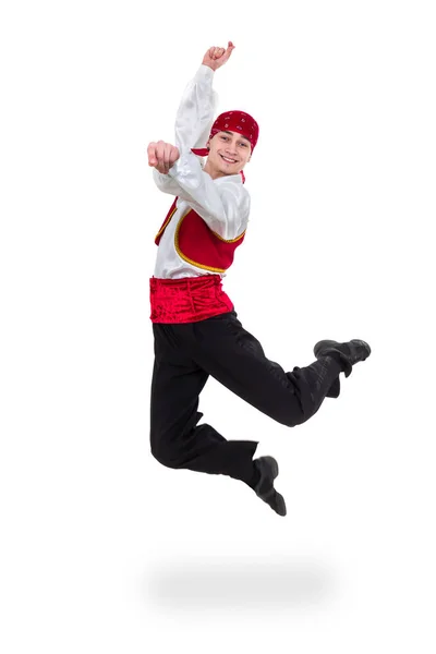 Um dançarino com uma fantasia de toreador a saltar. Isolado em branco em comprimento total . — Fotografia de Stock