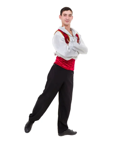 Táncoló ember visel egy toreador ruha. Elszigetelt fehér teljes hosszában. — Stock Fotó