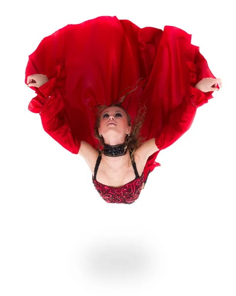 Jeune femme flamenca sautant, isolée en corps entier sur blanc — Photo