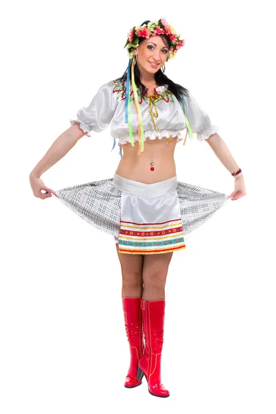 Girl in polish national traditional costume posing, full length portrait against isolated white — Stock Photo, Image