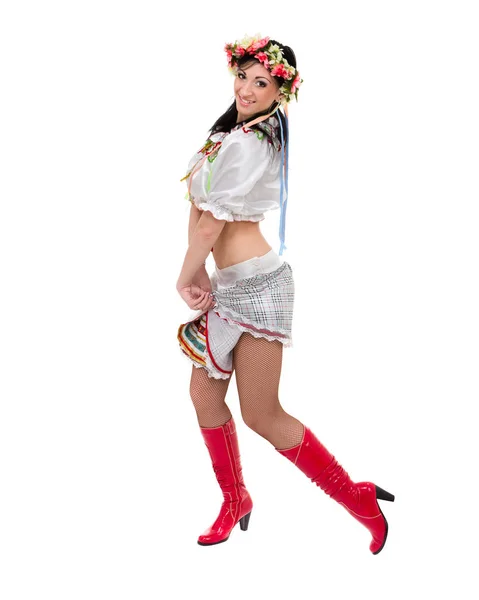 Girl in polish national traditional costume posing, full length portrait against isolated white — Stock Photo, Image