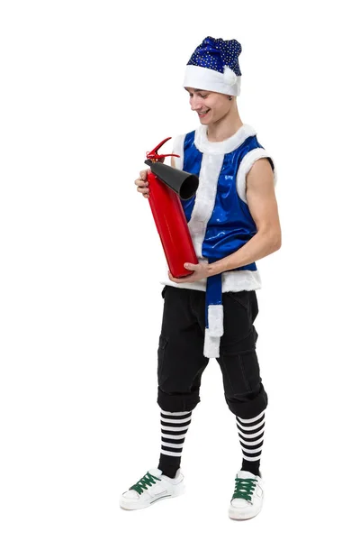 Christmas man in blue santa clothes with fire extinguisher — Stock Photo, Image