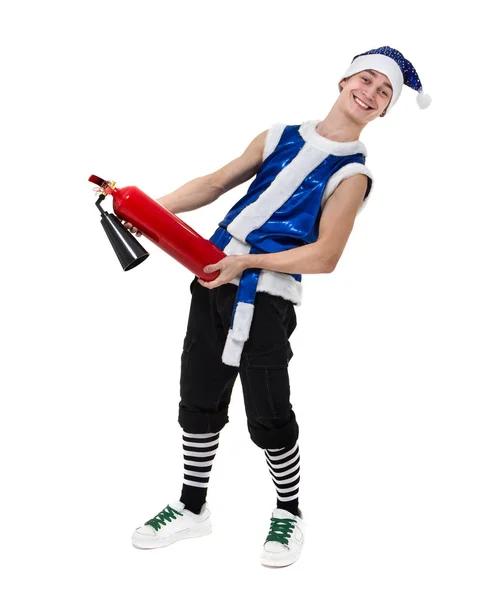 Weihnachtsmann in blauer Weihnachtsmannkleidung mit Feuerlöscher — Stockfoto