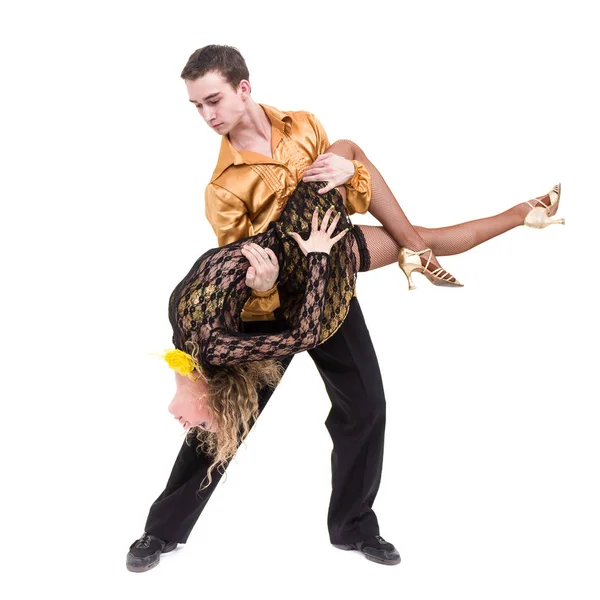 Comprimento total de jovem casal de balé dançando contra branco isolado — Fotografia de Stock