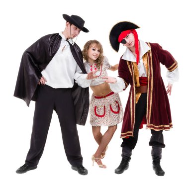 Cadılar Bayramı karnaval giyen dansçı takım tam vücut izole beyaz karşı dans kostümleri