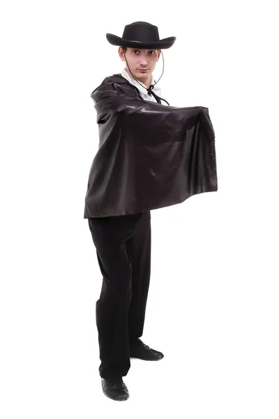 Mann im Zorro-Kostüm posiert isoliert auf weißem Grund — Stockfoto