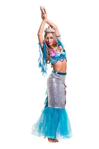 Carnival dancer woman dressed as a mermaid posing, isolated on white — Stock Photo, Image