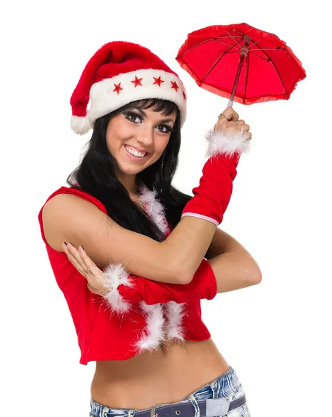 Santa girl with an umbrella against isolated white — Stock Photo, Image