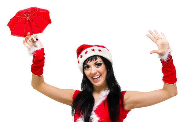 Santa flicka med paraply mot isolerade vit — Stockfoto