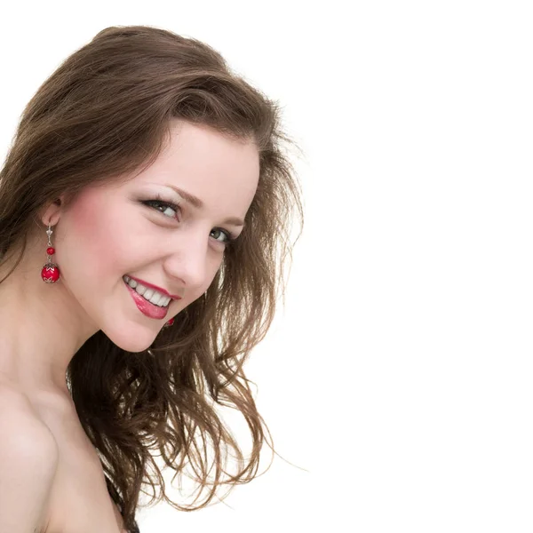 Mulher feliz sorrindo retrato isolado sobre um branco — Fotografia de Stock