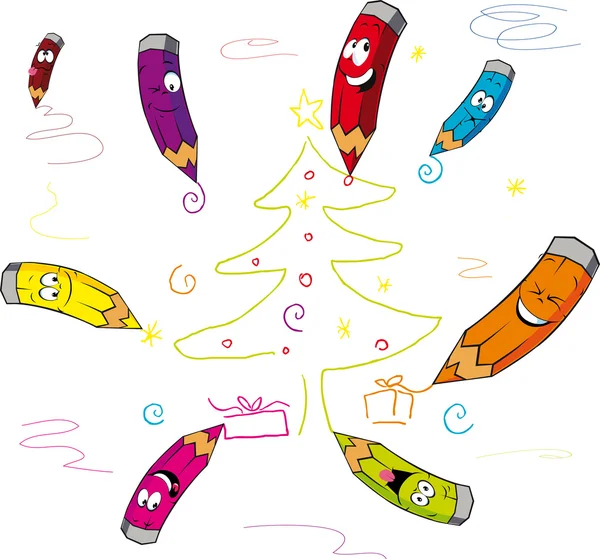 Funny crayons cartoon paint Christmas - vector illustration — Stock Vector