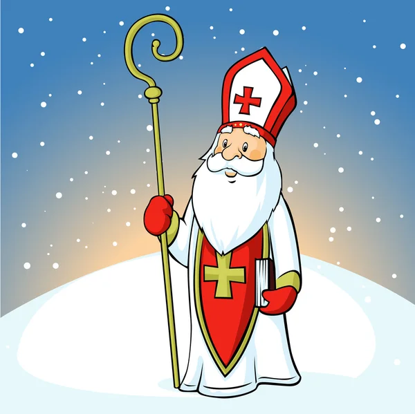 Saint Nicholas on snowy background - vector illustration — Stock Vector