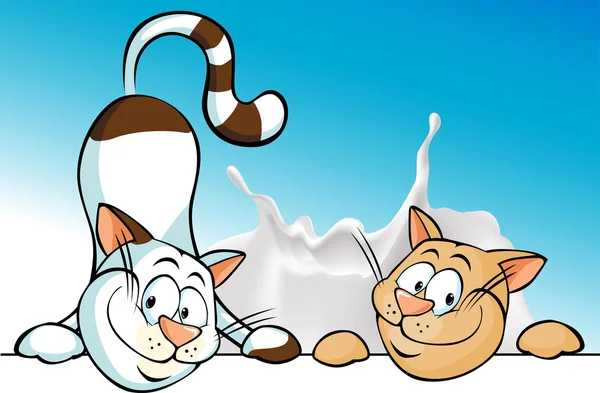 Dos gato juguetón lindo asomándose en el fondo de salpicadura de leche - ilustración vectorial — Vector de stock