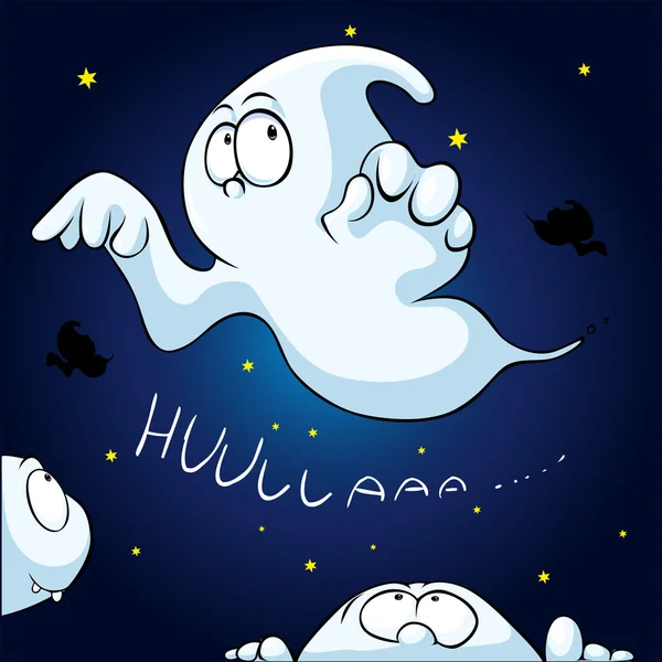 Bonito fantasma espreitando no fundo do céu escuro - ilustração desenho animado vetor — Vetor de Stock