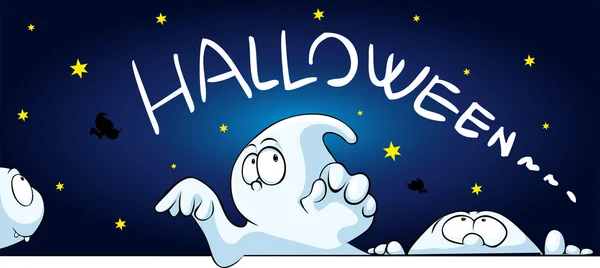 Horizontales Halloween-Banner mit niedlichem Geistergucken - Vektor-Cartoon-Illustration — Stockvektor