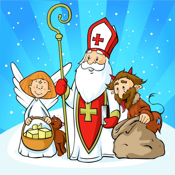 Heiligennikolaus, Teufel und Engel - Vektor Illustration Karikatur — Stockvektor