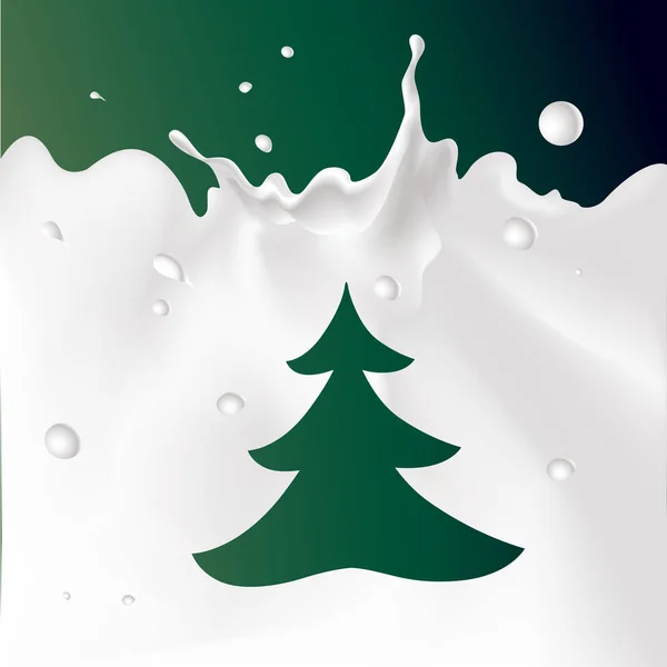 Salpicadura de leche blanca sobre fondo verde oscuro con árbol de Navidad - ilustración vectorial — Archivo Imágenes Vectoriales