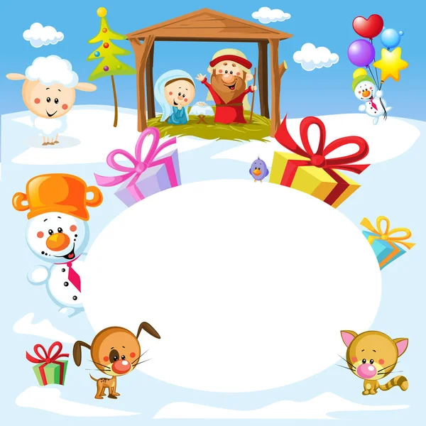 Nativité à Bethléem avec des animaux - Illustration de cadre ovale vectoriel de Noël — Image vectorielle