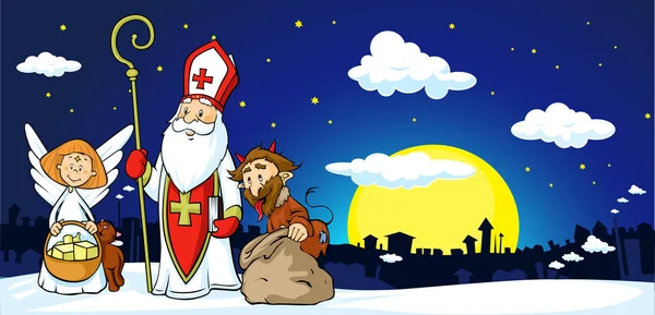 Saint Nicholas, ördög és angyal a városban - vektor-illusztráció. A karácsonyi szezonban figyelmeztetés és bünteti a rossz gyerekek és ajándékokat adni jó gyermek. — Stock Vector