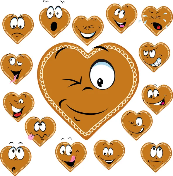 Sweet gingerbread heart with a happy face cartoon - vector illustration — Stock Vector