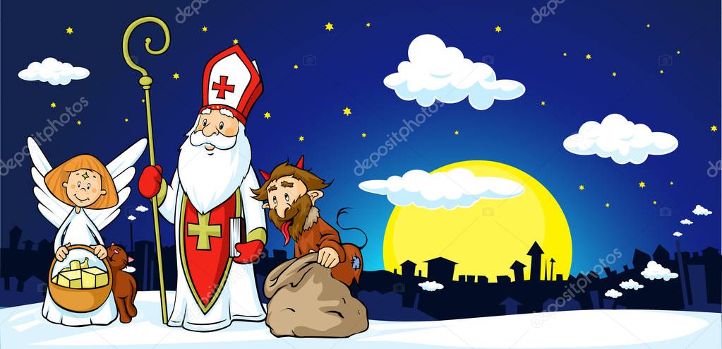 Saint Nicholas, devil and angel in town - vector illustration .During the Christmas season they are warning and punishing bad children and give gifts to good children.