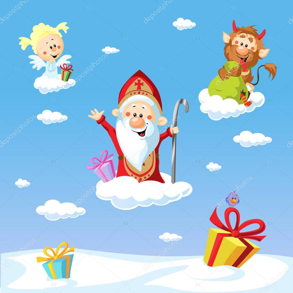 Saint Nicholas, devil and angel - vector illustration with blue sky .During the Christmas season they are warning and punishing bad children and give gifts to good children.