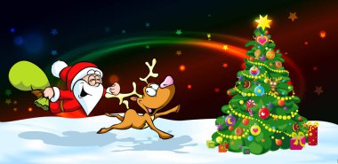 sihirli yılbaşı banner - komik vektör çizim santa Ren geyiği ile hediyeler dağıtır.