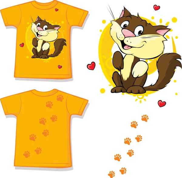 Cute brown cat printed on shirt - vector illustration — Stock Vector