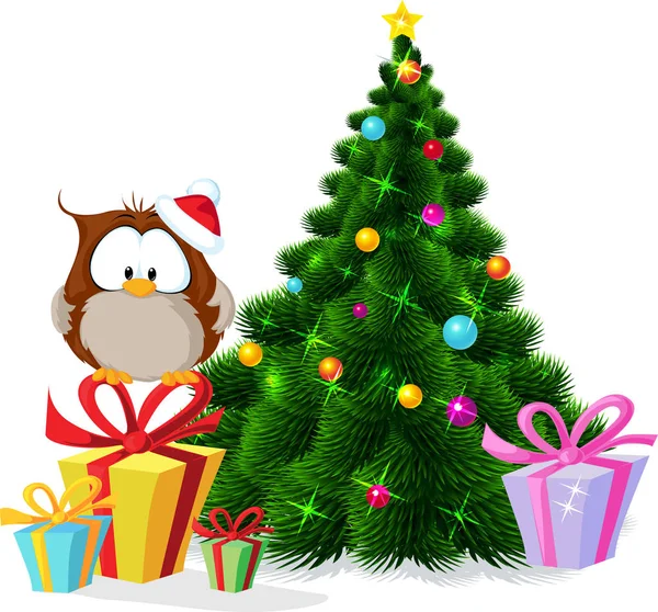 Cute owl sitting by xmas tree - vector illustration — Stock Vector