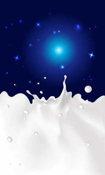 Splash mleka na noc gwiaździste niebo - ilustracja wektorowa — Wektor stockowy