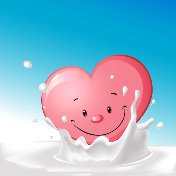Coeur mignon dans l'illustration de lait éclaboussé - dessin animé vectoriel — Image vectorielle