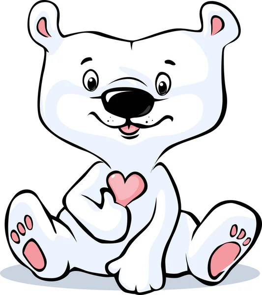 귀여운 북극곰 잡고 마음에 고립 된 흰색 배경-발렌타인 하루 벡터 만화 일러스트 레이 션을 앉아 — 스톡 벡터