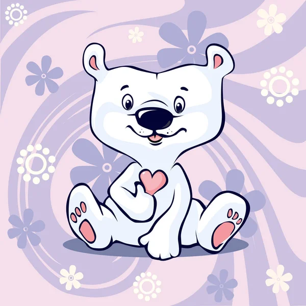 Oso polar celebrar escuchar sentado en abstracto floral vector púrpura fondo ilustración de dibujos animados, día de San Valentín — Archivo Imágenes Vectoriales