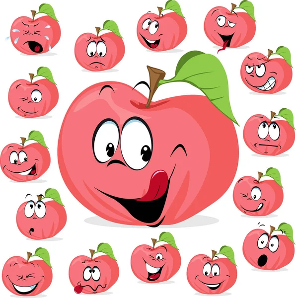 Manzana rosa con muchas expresiones - divertido vector de manzana ilustración de dibujos animados — Vector de stock