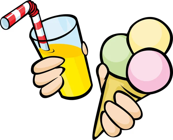 Helado y zumo de naranja en la mano - ilustración vectorial — Archivo Imágenes Vectoriales