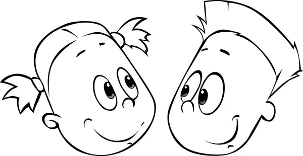 Niños, niño y niña cabeza vector ilustración de dibujos animados - contorno negro — Vector de stock