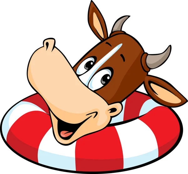 Roztomilý kráva plavat v nafukovací kruh - kreslené vektorové ilustrace — Stockový vektor