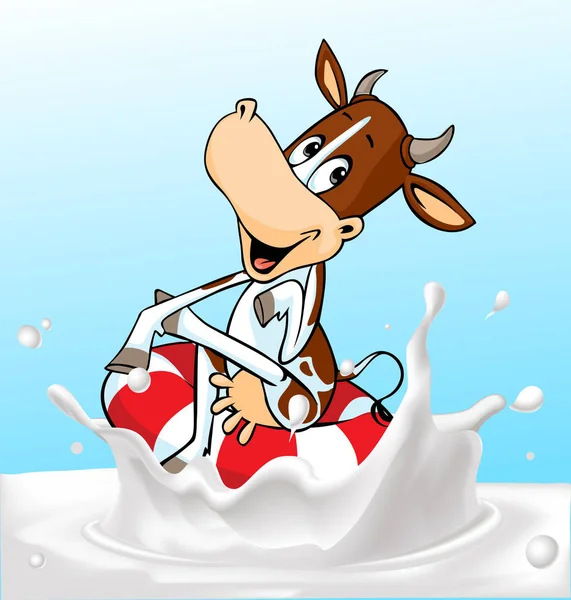 かわいい牛がインフレータブル リング ミルク スプラッシュ - ベクトル漫画イラストで泳ぐ — ストックベクタ