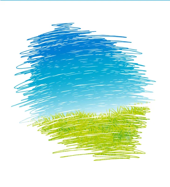 Dessin abstrait paysage vectoriel avec herbe verte et ciel bleu illustration vectorielle — Image vectorielle