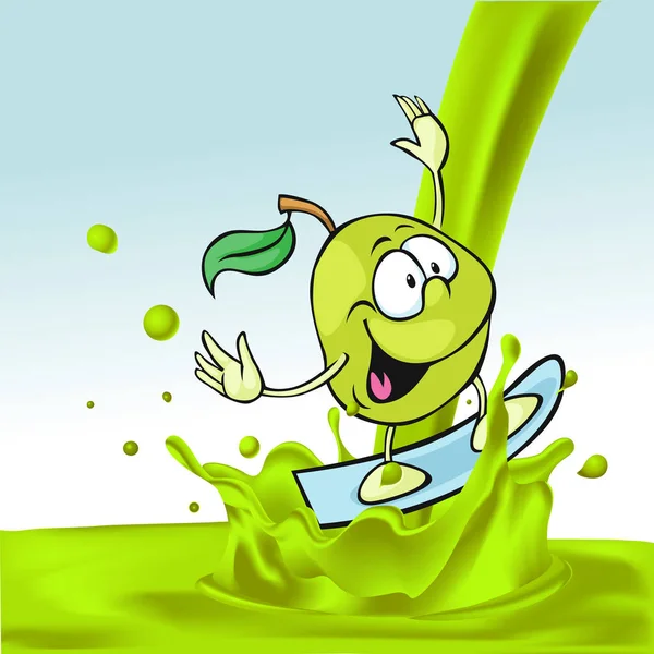 Зеленый яблочный мультфильм серфинг на брызги сока - векторная иллюстрация — стоковый вектор
