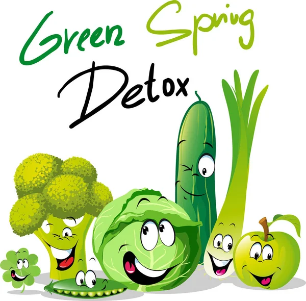 Green Spring Detox - diseño vectorial divertido con dibujos animados vegetales — Vector de stock