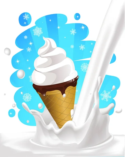 Milk splash with ice cream and painted frosty background - vector illustration — Stock Vector