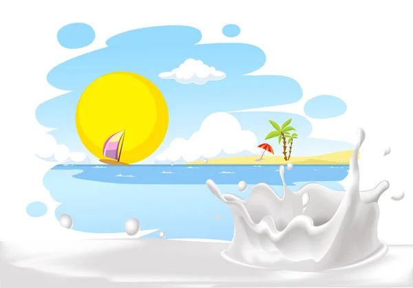 Målade sommar strand landskap med mjölk splash design - vektorillustration — Stock vektor