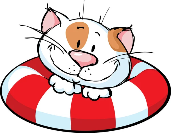 Dessin animé drôle chat sur bouée de sauvetage illustration vectorielle — Image vectorielle