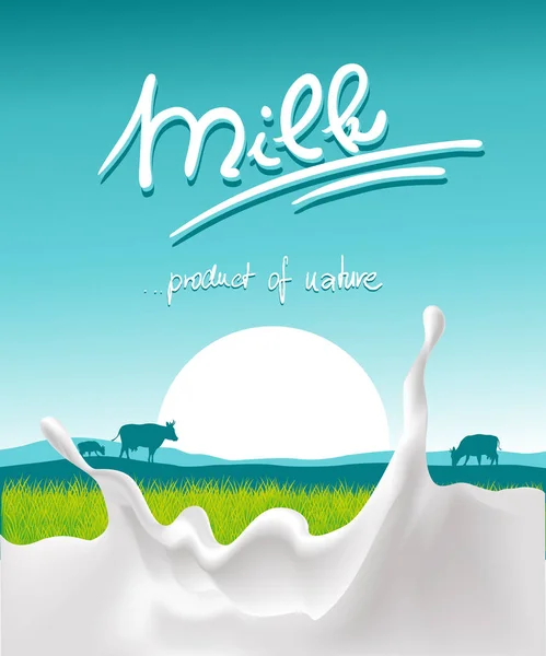 Blå mjölk design med mjölk splash, djur på gården och sunset - vektorillustration — Stock vektor