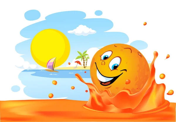 Design estivo con frutta arancio carina in spruzzi di succo di frutta sulla spiaggia - illustrazione vettoriale — Vettoriale Stock