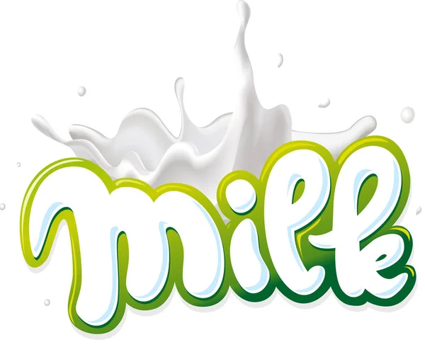 Logotipo de la leche escrito a mano con salpicadura de leche - ilustración vectorial — Vector de stock